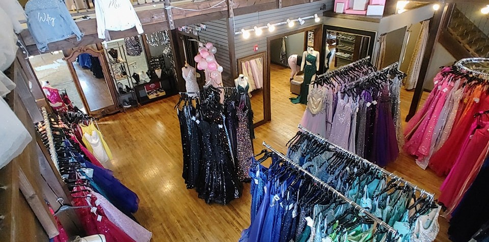 View of racks of dresses from above