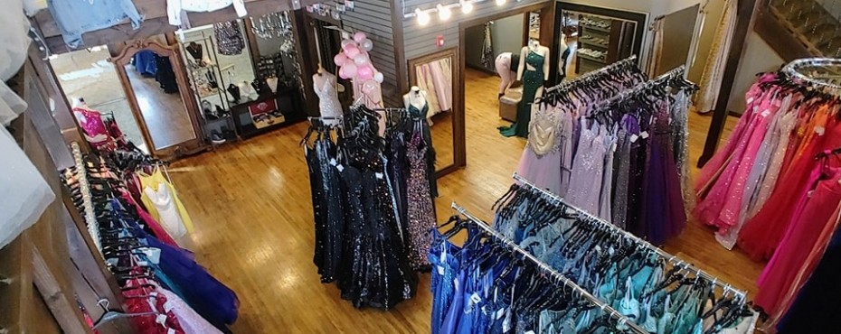 Overhead shot of the store with dresses, jeans, and more