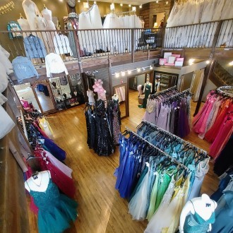 Overhead shot of the store with dresses, jeans, and more